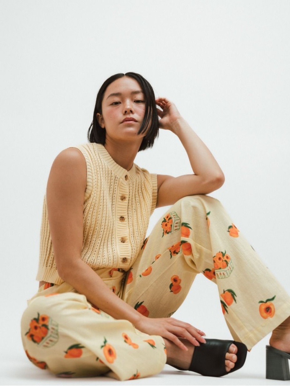 Bailey Rose Butter Yellow Peach-Print Wide-Leg Lounge Pull on Pants NWOT - Picture 5 of 13